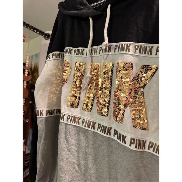 VS PINK Bling Hoodie Pullover -size Medium black gold bling sequin - Picture 3 of 7
